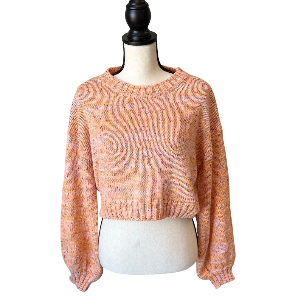 Lulus Womens M Orange Confetti Chunky Knit Cropped Sweater Balloon Sleeve